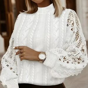 NEW Lace Balloon Sleeve Cable Knit Top - White.